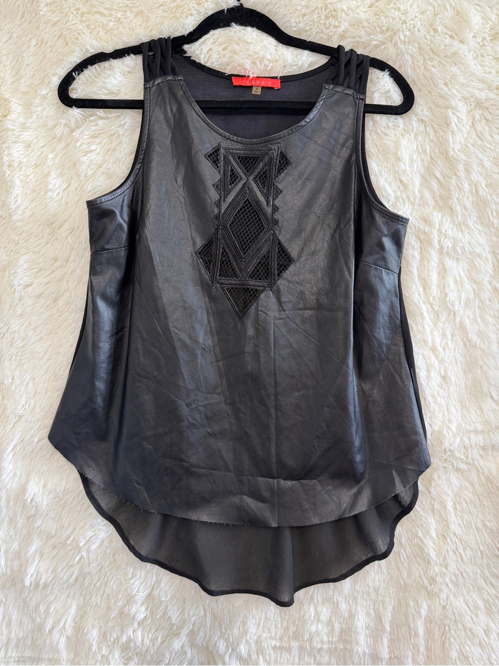 Lulumari Womens Whimsigoth Tank Top Size S Black Faux Leather Raw Hem Sheer Back